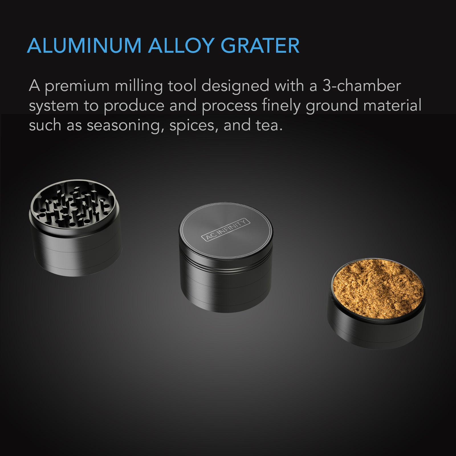 AC Infinity 3-Chamber Spice Grinder |  Black |  2-Inch - CannaFull Spectrum Solutions