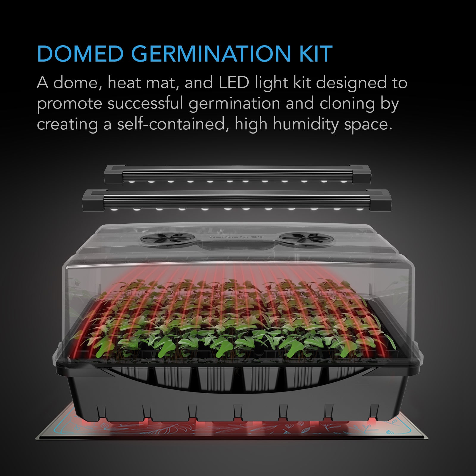 AC Infinity Humidity Dome |  Germination Kit with Seedling Mat and LED Grow Light Bars |  5x8 Cell Tray - CannaFull Spectrum Solutions
