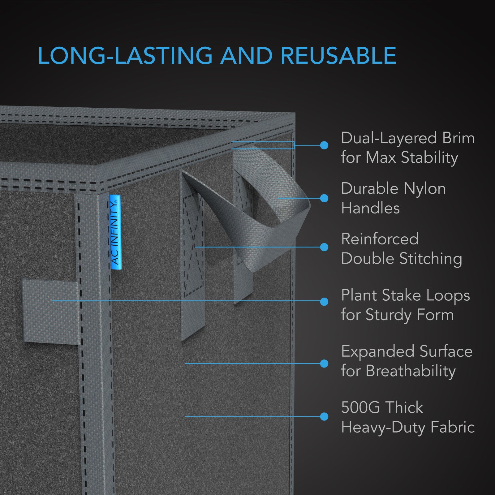 AC Infinity Heavy Duty Reusable Square Fabric Pots |   7 Gallon |  5-Pack - CannaFull Spectrum Solutions