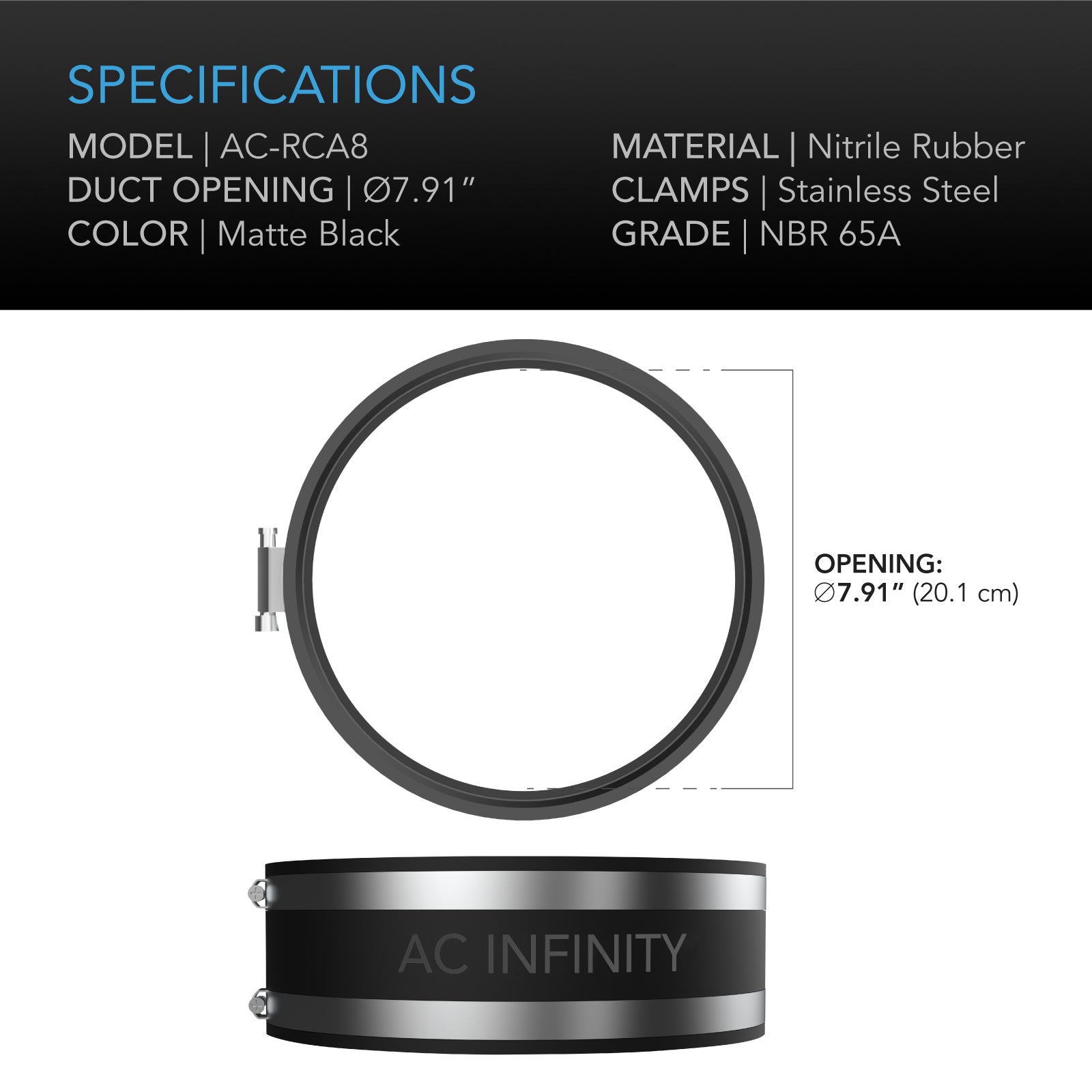 AC Infinity Noise Reduction Clamp |  Duct Coupler with Stainless Steel Clamps |  8-Inch - CannaFull Spectrum Solutions