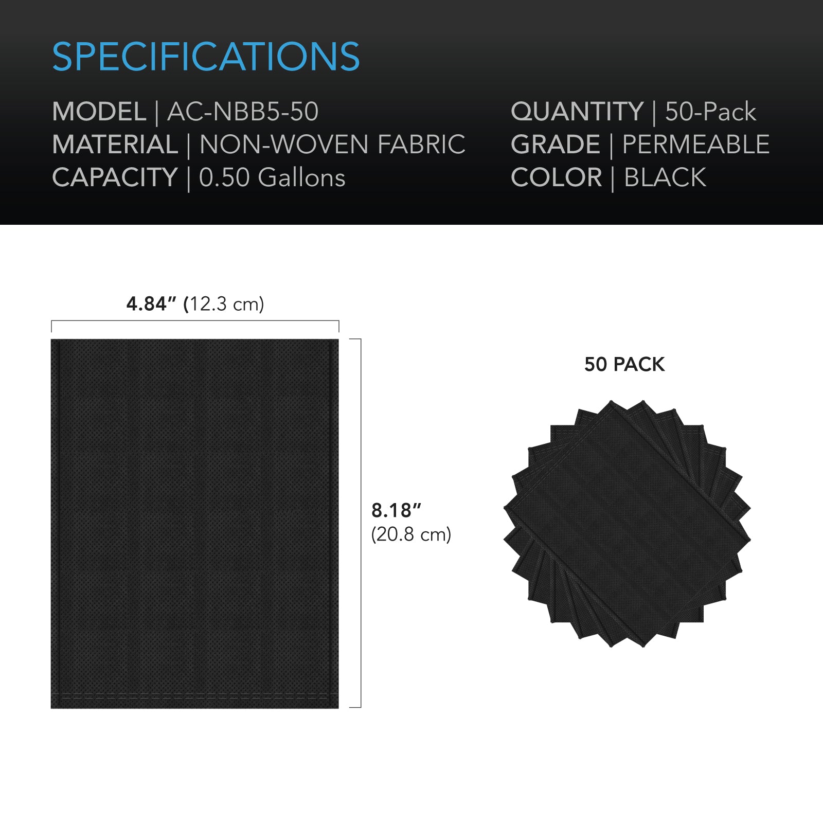 AC Infinity Nursery Bags 1/2 Gallon |  Non-Woven Fabric Growing Pouches |  50-Pack - CannaFull Spectrum Solutions