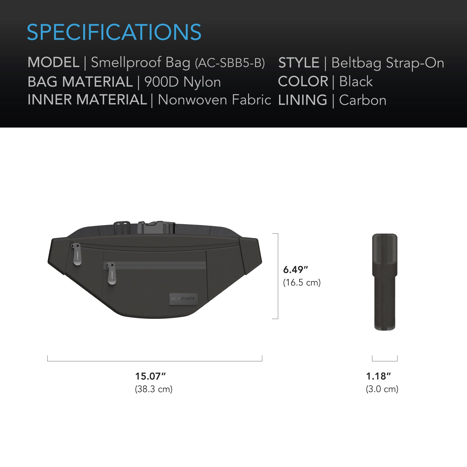 AC Infinity Smell Proof Belt Bag |  Black |  with 900D Nylon Fabric and Carbon Filter Lining - CannaFull Spectrum Solutions