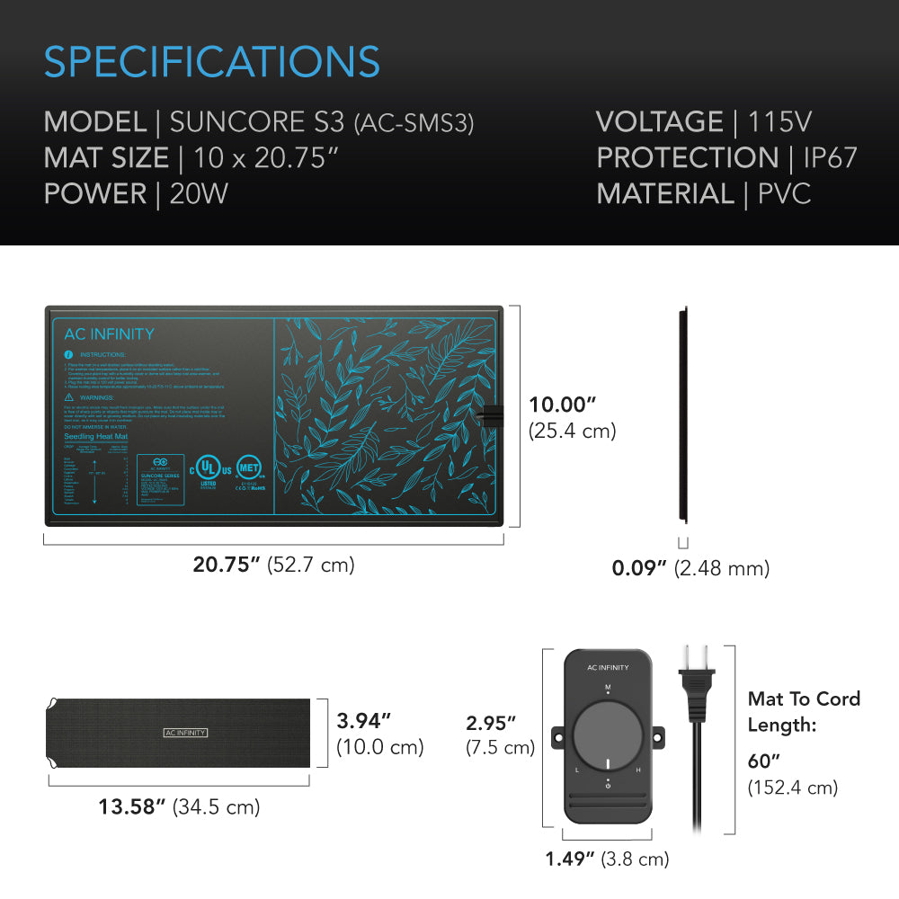AC Infinity SUNCORE S3 |  Seedling Heat Mat with Heat Controller |  IP-67 Waterproof |  10" x 20.75" - CannaFull Spectrum Solutions