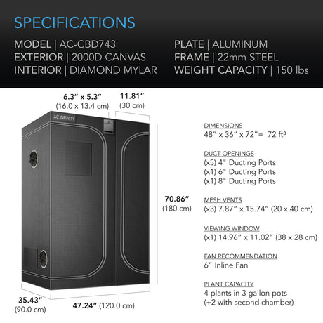 AC Infinity CLOUDLAB 743D |  2-in-1 Advance Grow Tent 4x3 |  2000D Mylar Canvas |  48" x 36" x 72" - CannaFull Spectrum Solutions