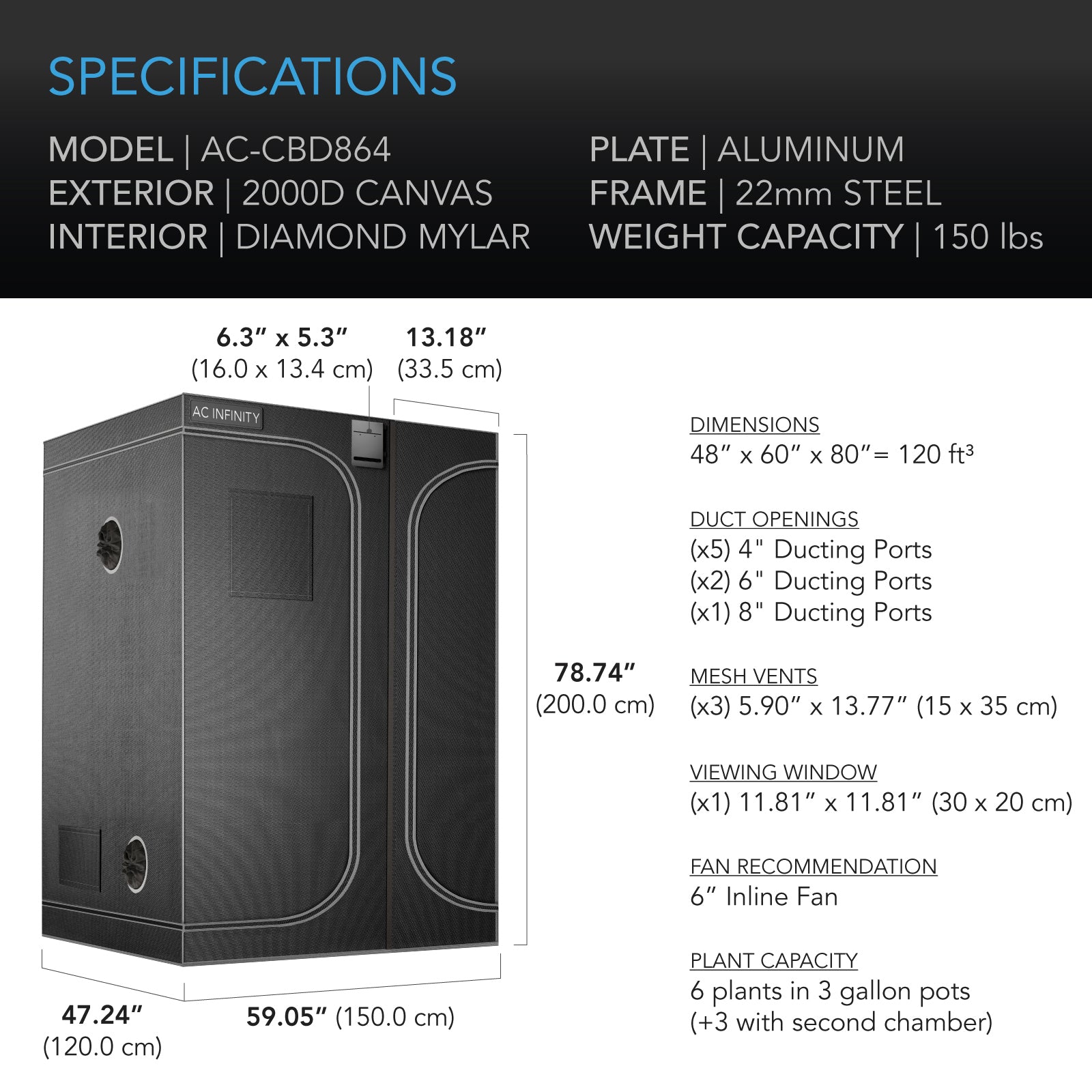 AC Infinity CLOUDLAB 864D |  2-in-1 Advance Grow Tent 5x4 |  2000D Mylar Canvas |  60" x 48" x 80" - CannaFull Spectrum Solutions