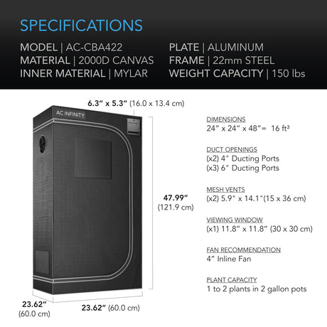 AC Infinity CLOUDLAB 422 |  Advance Grow Tent 2x2 |  2000D Diamond Mylar Canvas |  24" x 24" x 48" - CannaFull Spectrum Solutions