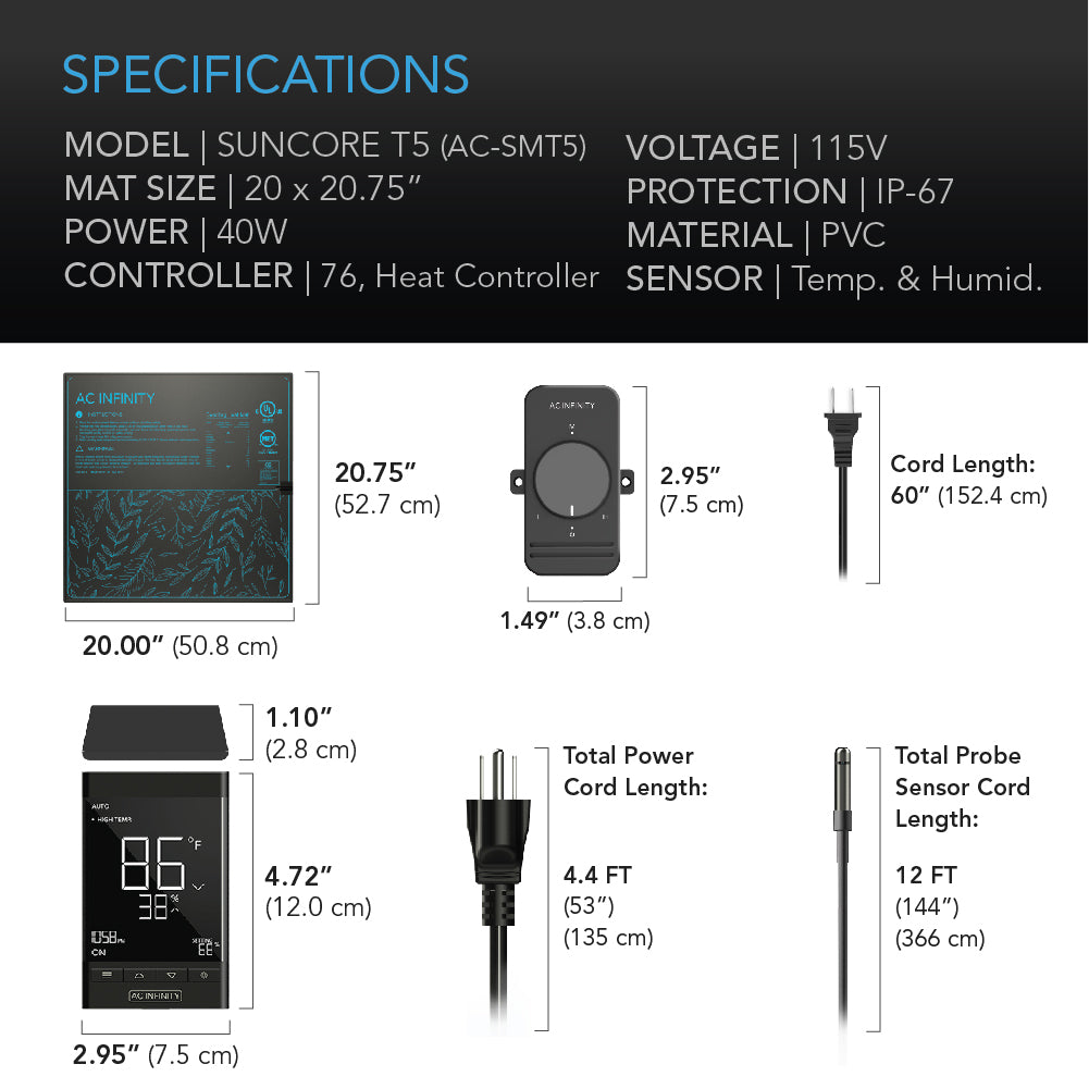 AC Infinity SUNCORE T5 |  Seedling Heat Mat |  Digital Thermostat with Heat Controller |  20" x 20.75" - CannaFull Spectrum Solutions