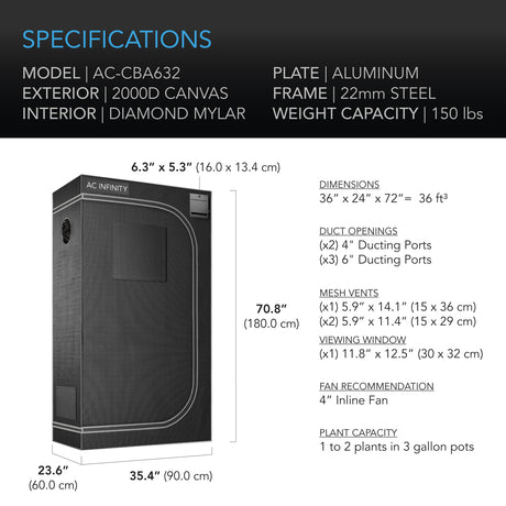 AC Infinity CLOUDLAB 632 |  Advance Grow Tent 3x2 |  2000D Diamond Mylar Canvas |  36" x 24" x 72" - CannaFull Spectrum Solutions