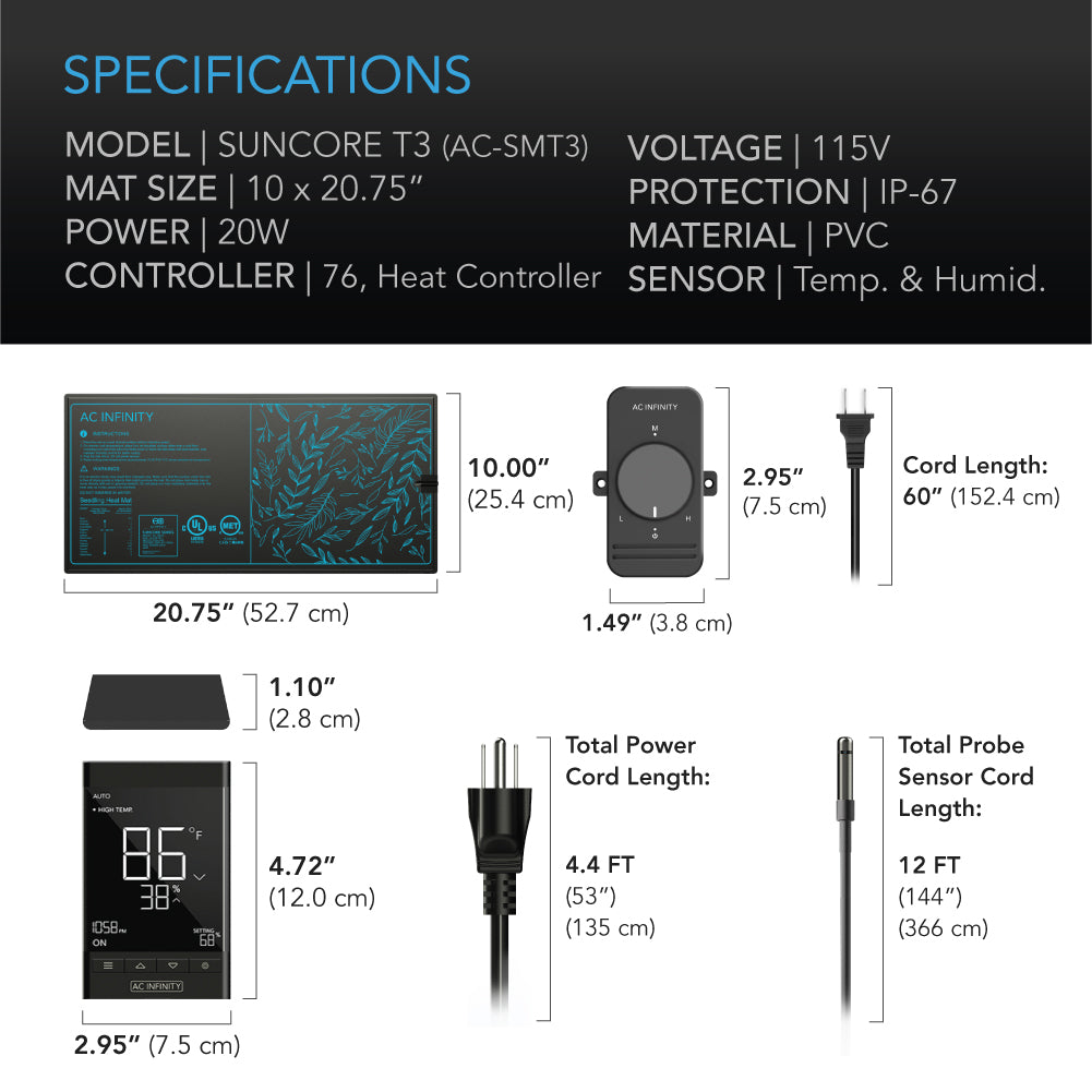 AC Infinity SUNCORE T3 |  Seedling Heat Mat |  Digital Thermostat with Heat Controller |  10" x 20.75" - CannaFull Spectrum Solutions