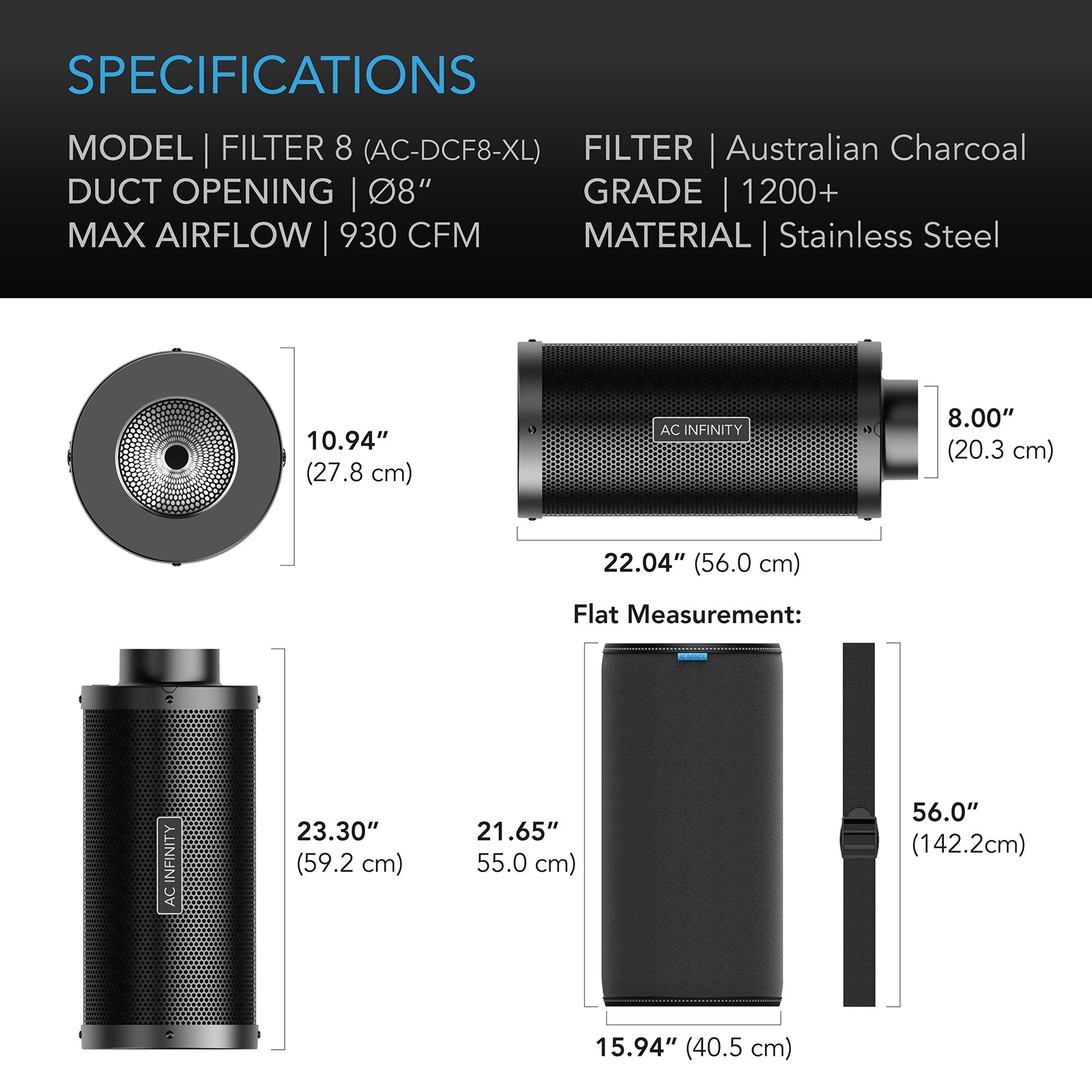 AC Infinity Duct Carbon Filter XL |  Australian Charcoal |  Extra Large |  8-Inch - CannaFull Spectrum Solutions