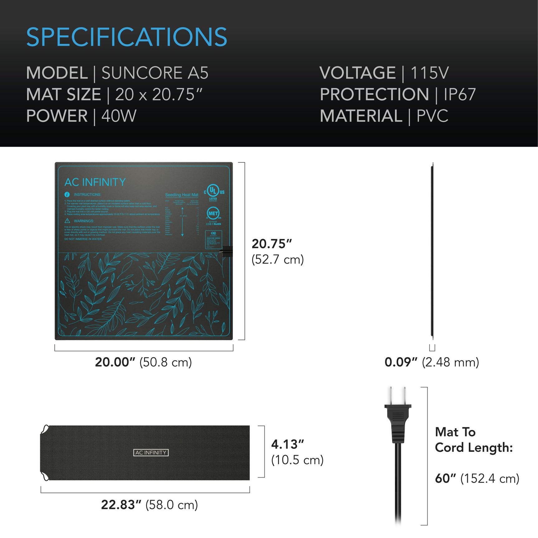 AC Infinity SUNCORE A5 |  Seedling Heat Mat |  IP-67 Waterproof |  20" x 20.75" - CannaFull Spectrum Solutions