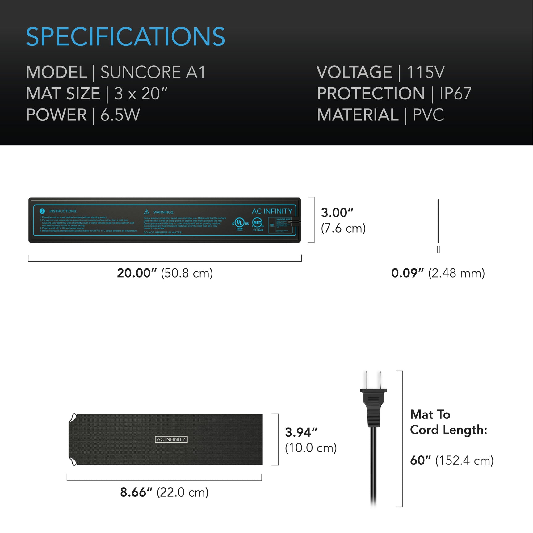 AC Infinity SUNCORE A1 |  Seedling Heat Mat |  IP-67 Waterproof |  3" x 20" - CannaFull Spectrum Solutions