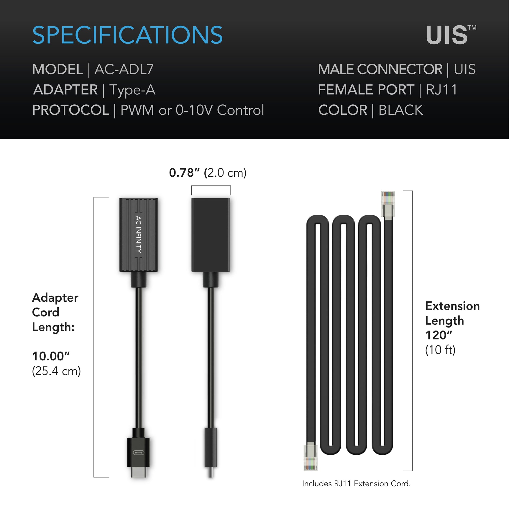 AC Infinity UIS Lighting Adapter Type-A | for RJ11/12 Connector Lights with PWM or 0-10V Dimmers - CannaFull Spectrum Solutions