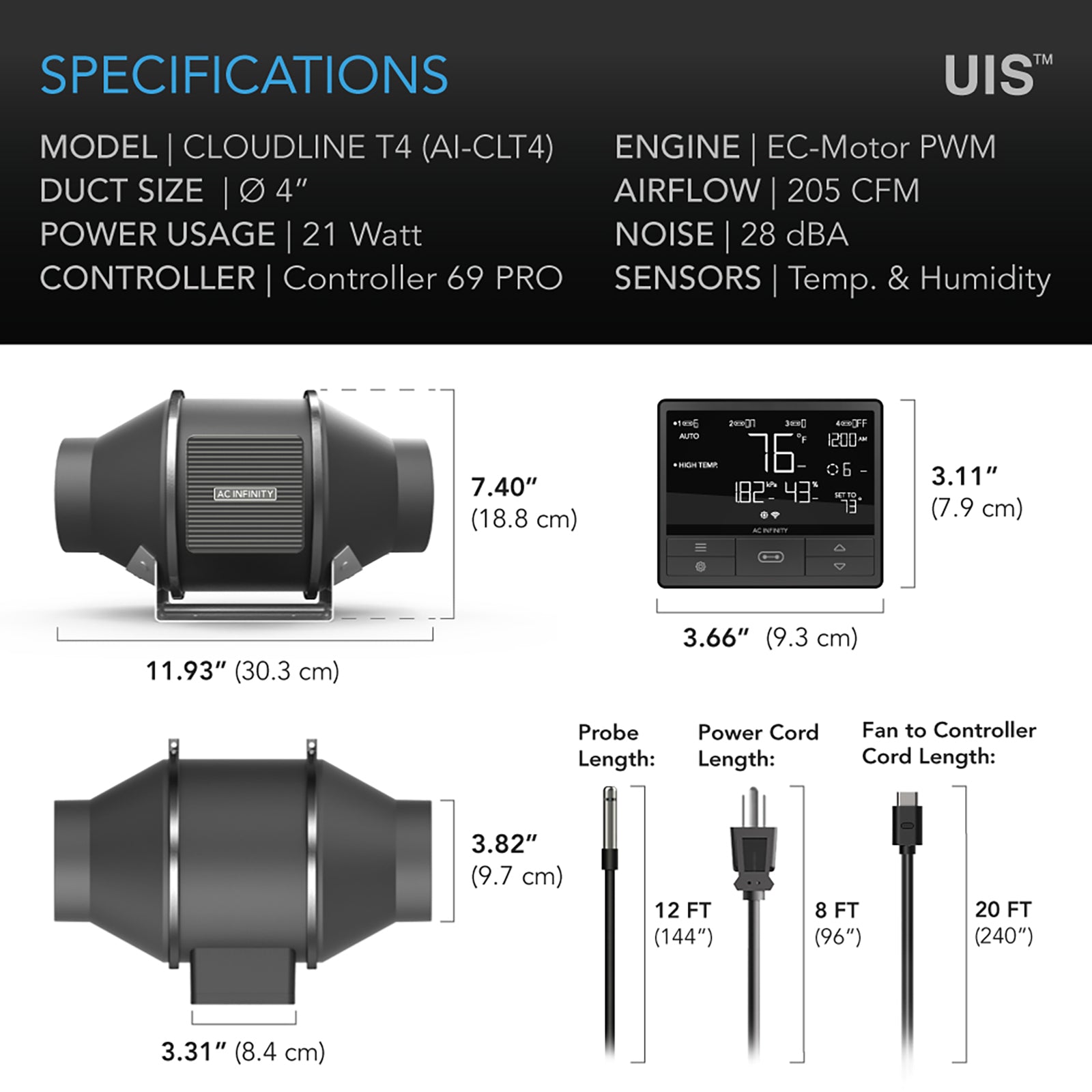 AC Infinity CLOUDLINE PRO T4 |  Quiet Inline Duct Fan System with Temperature Humidity VPD Controller |  4-Inch - CannaFull Spectrum Solutions