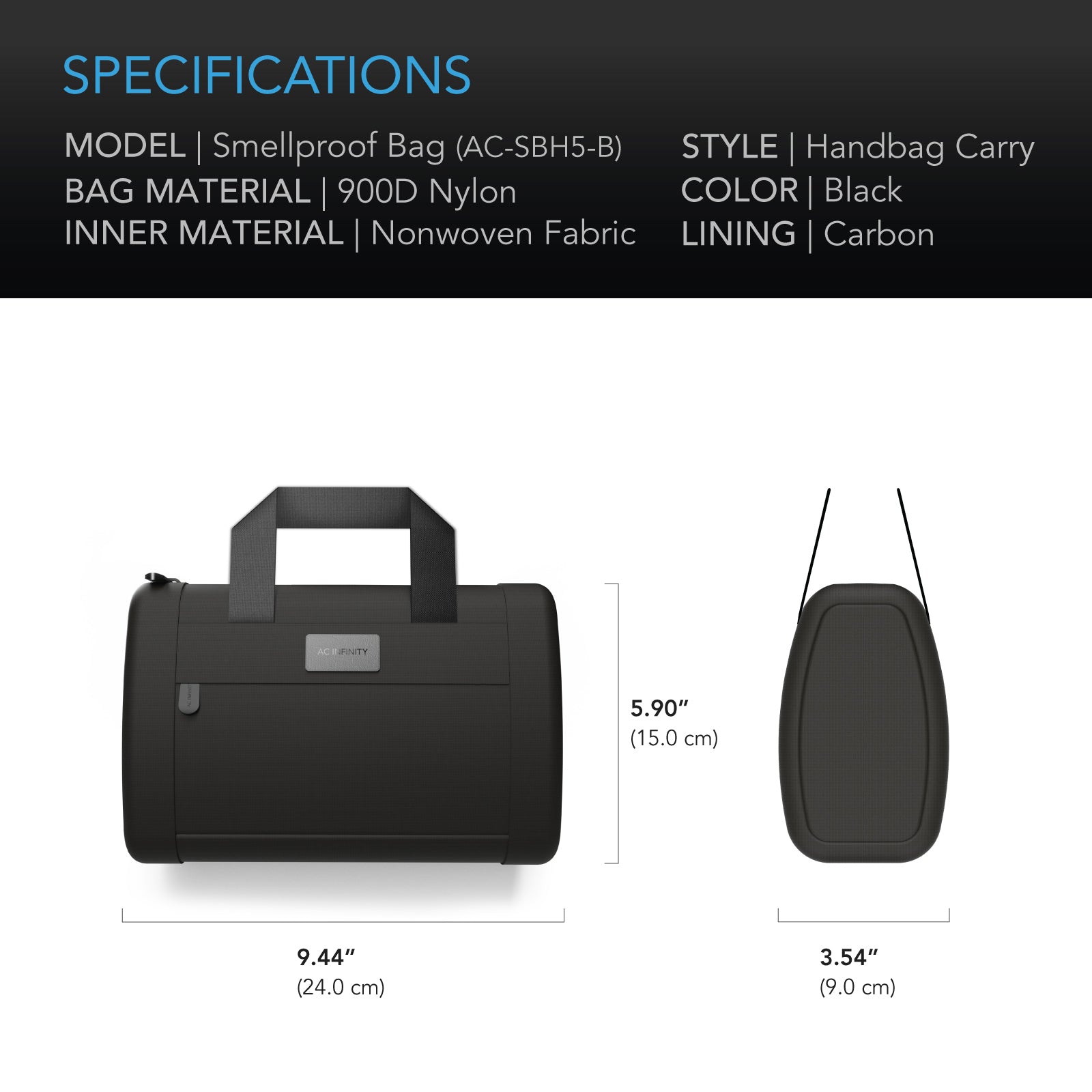 AC Infinity Smell Proof Handbag | Black | with 900D Nylon Fabric and Carbon Filter Lining - CannaFull Spectrum Solutions