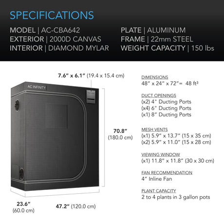 AC Infinity CLOUDLAB 642 |  Advance Grow Tent 4x2 |  2000D Diamond Mylar Canvas |  48" x 24" x 72" - CannaFull Spectrum Solutions