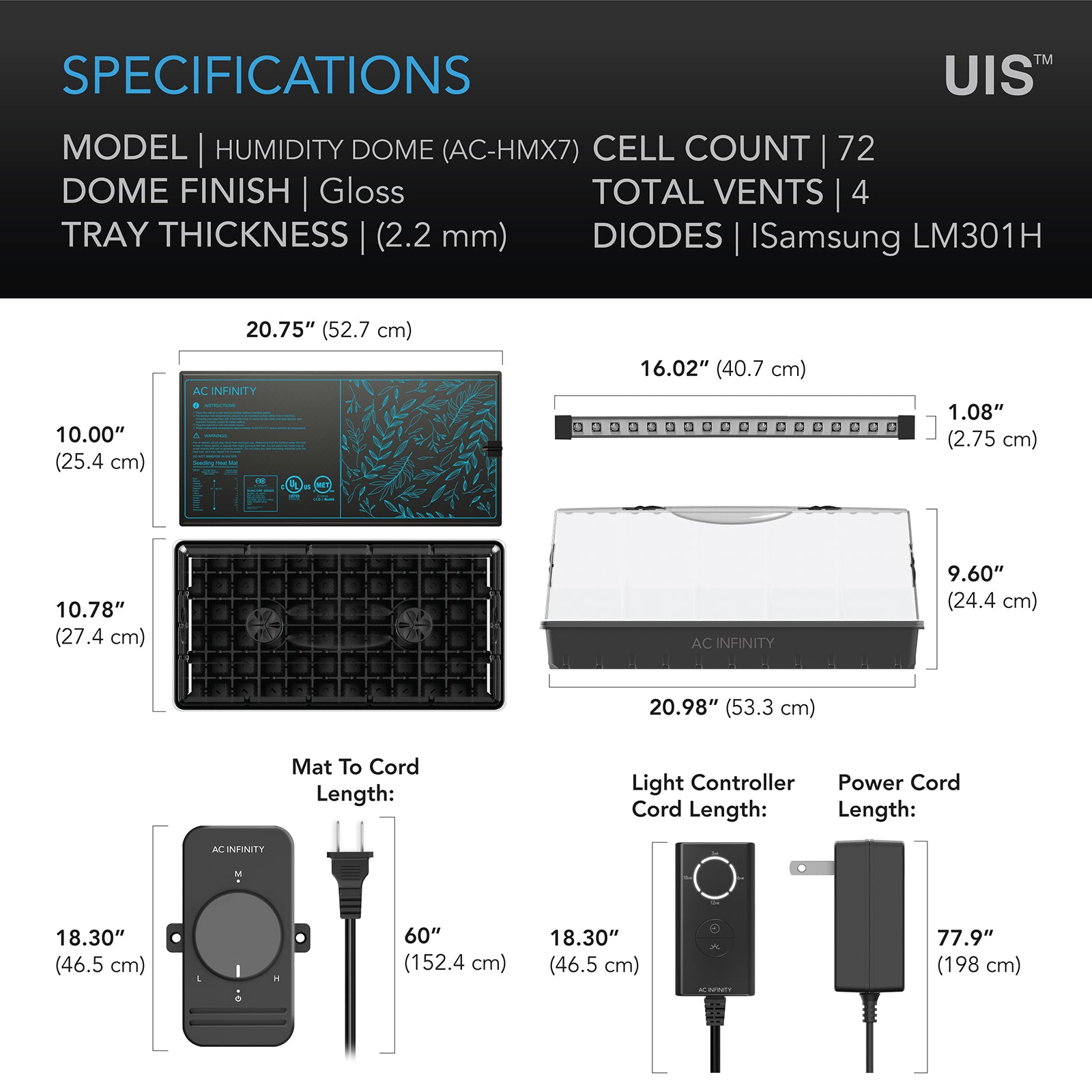 AC Infinity Humidity Dome |  Germination Kit with Seedling Mat and LED Grow Light Bars |  6x12 Cell Tray - CannaFull Spectrum Solutions