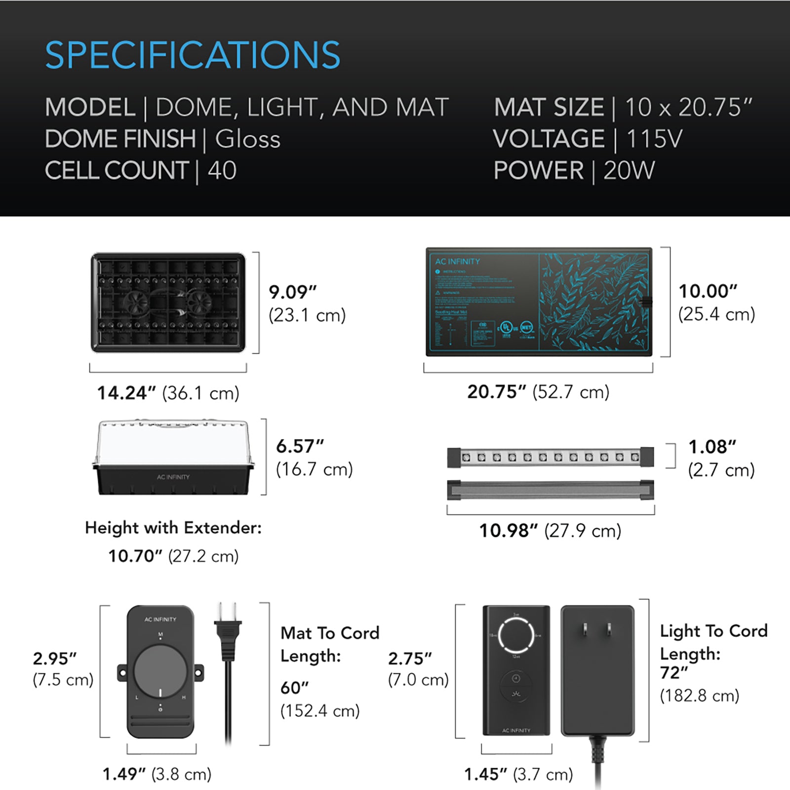AC Infinity Humidity Dome |  Germination Kit with Seedling Mat and LED Grow Light Bars |  5x8 Cell Tray - CannaFull Spectrum Solutions