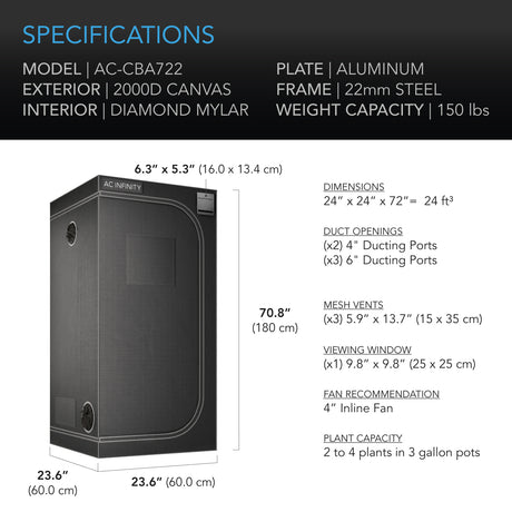AC Infinity CLOUDLAB 722 |  Advance Grow Tent 2x2 |  2000D Diamond Mylar Canvas |  24" x 24" x 72" - CannaFull Spectrum Solutions