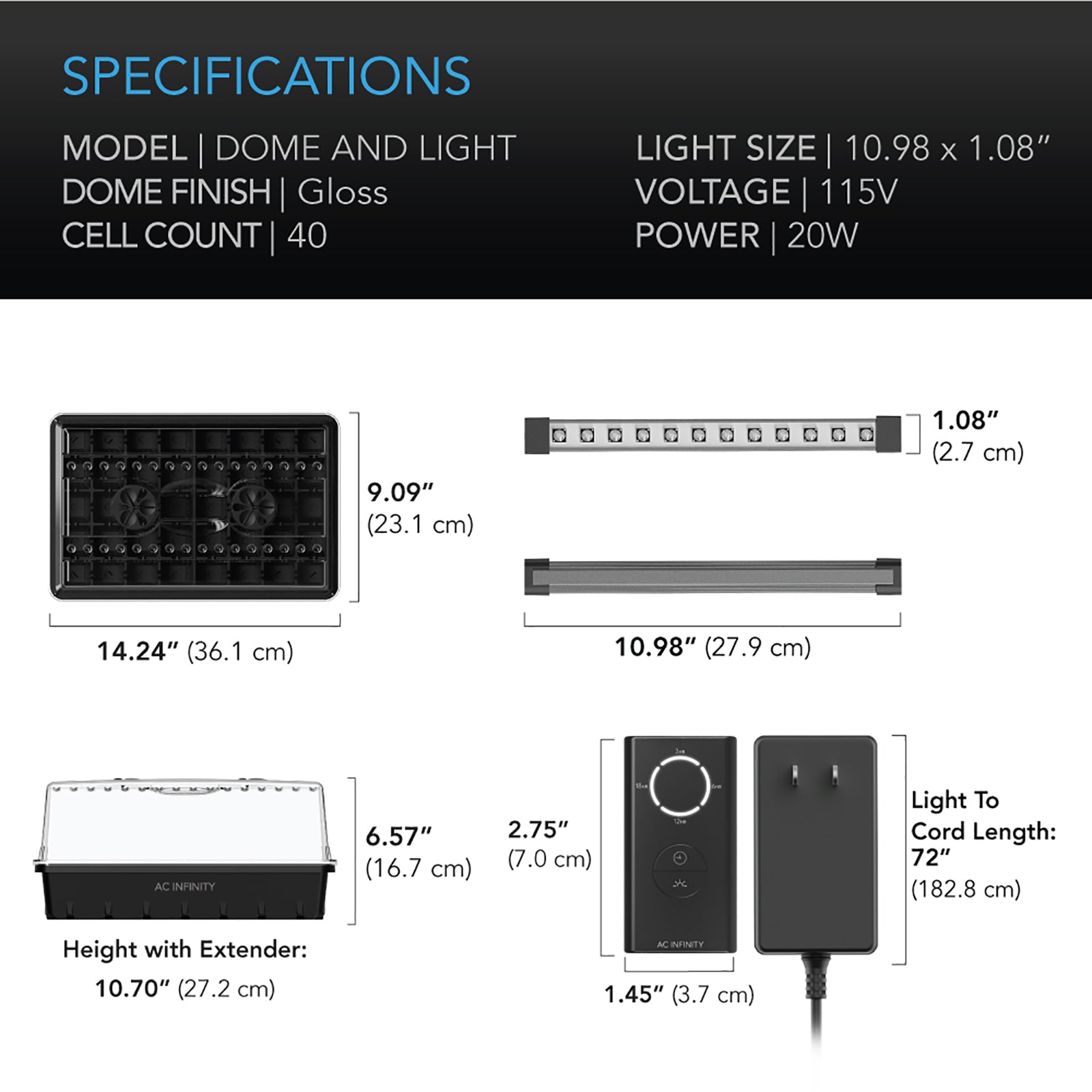 AC Infinity Humidity Dome |  Germination Kit with LED Grow Light Bars |  6x12 Cell Tray - CannaFull Spectrum Solutions