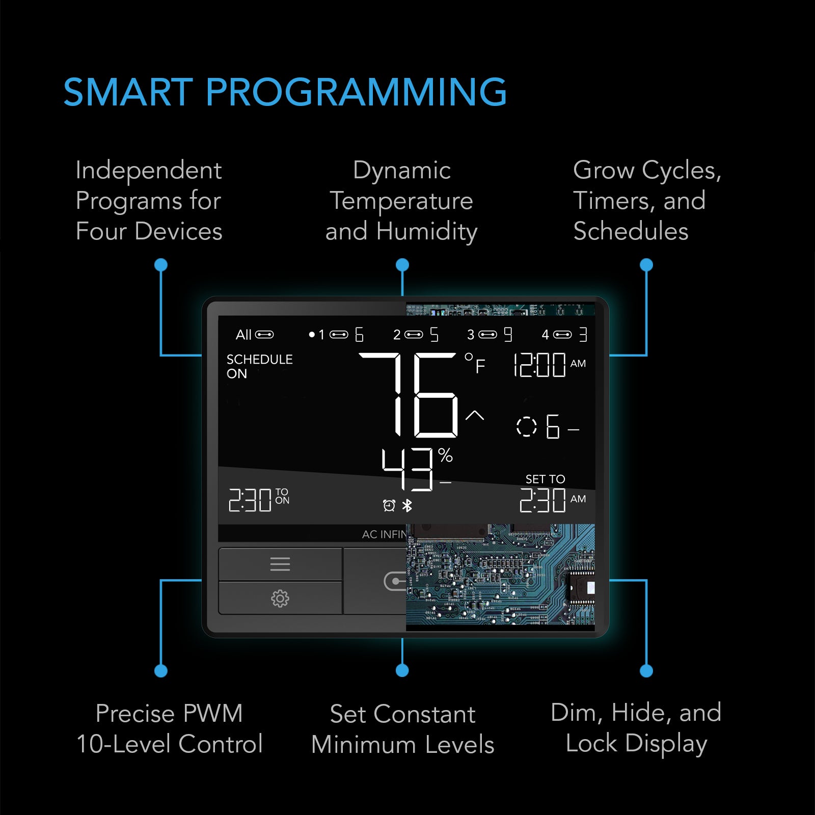 AC Infinity CONTROLLER 69 |  Independent Programs for Four Devices |  Dynamic Temperature |  Humidity |  Scheduling |  Cycles |  Levels Control |  Data App |  Bluetooth - CannaFull Spectrum Solutions