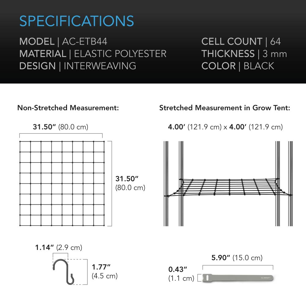 AC Infinity Grow Tent Trellis Netting |  Flexible Elastic Cords |  4x4’ - CannaFull Spectrum Solutions