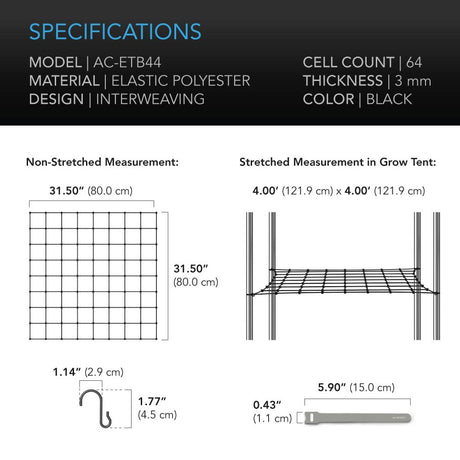 AC Infinity Grow Tent Trellis Netting |  Flexible Elastic Cords |  4x4’ - CannaFull Spectrum Solutions