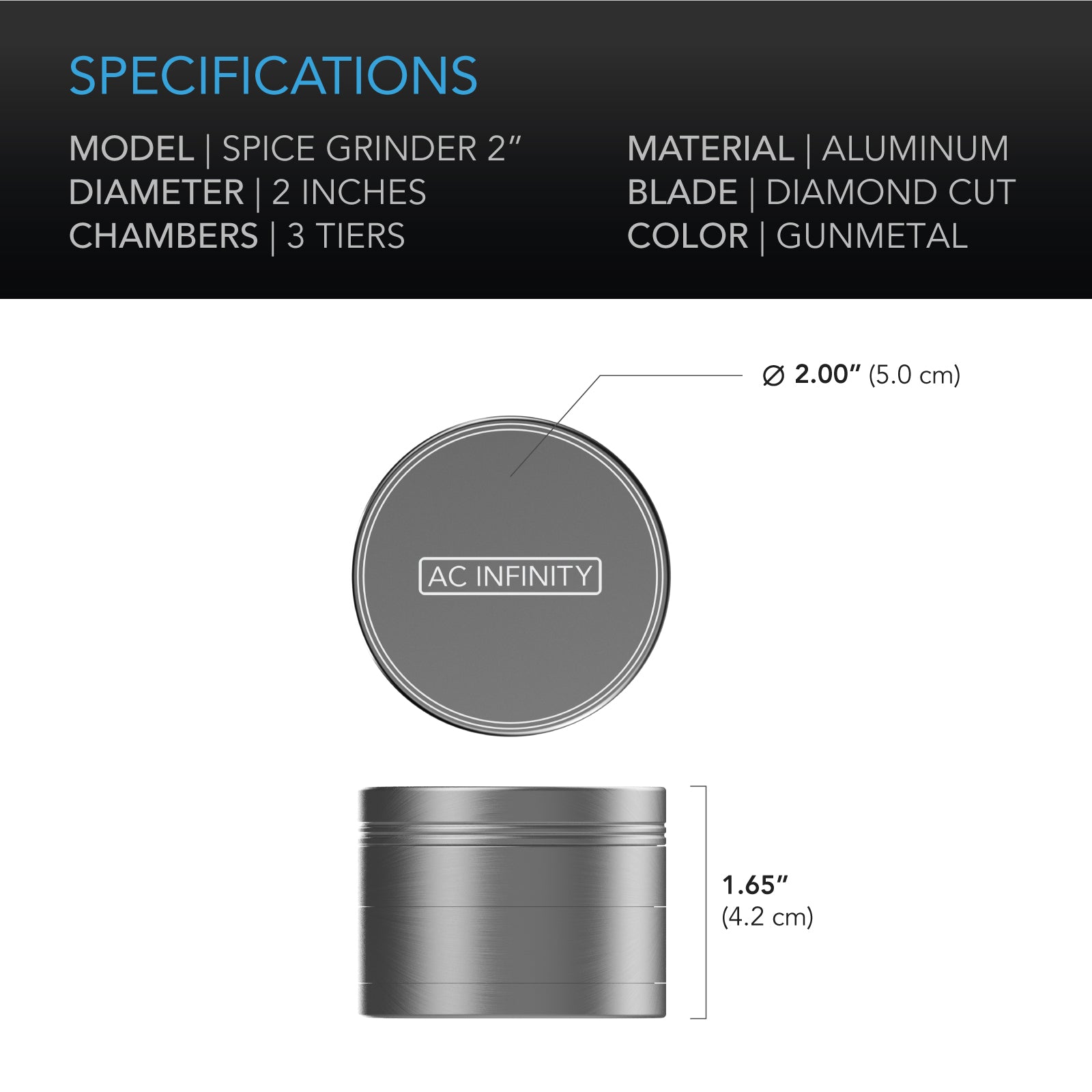 AC Infinity 3-Chamber Spice Grinder |  Gunmetal |  2-Inch - CannaFull Spectrum Solutions