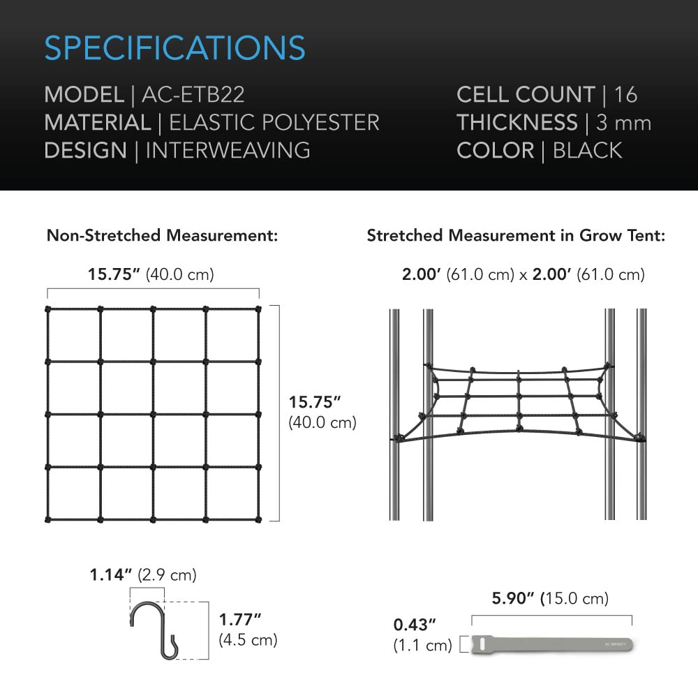 AC Infinity Grow Tent Trellis Netting |  Flexible Elastic Cords |  2x2’ - CannaFull Spectrum Solutions