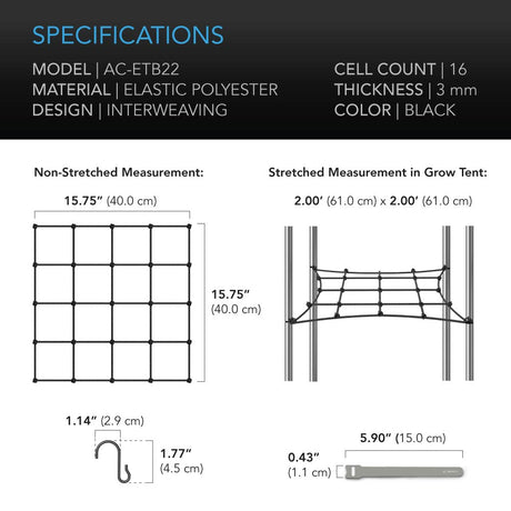 AC Infinity Grow Tent Trellis Netting |  Flexible Elastic Cords |  2x2’ - CannaFull Spectrum Solutions