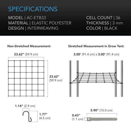 AC Infinity Grow Tent Trellis Netting |  Flexible Elastic Cords |  3x3’ - CannaFull Spectrum Solutions