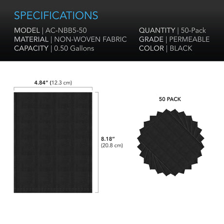 AC Infinity Nursery Bags 1/2 Gallon |  Non-Woven Fabric Growing Pouches |  50-Pack - CannaFull Spectrum Solutions