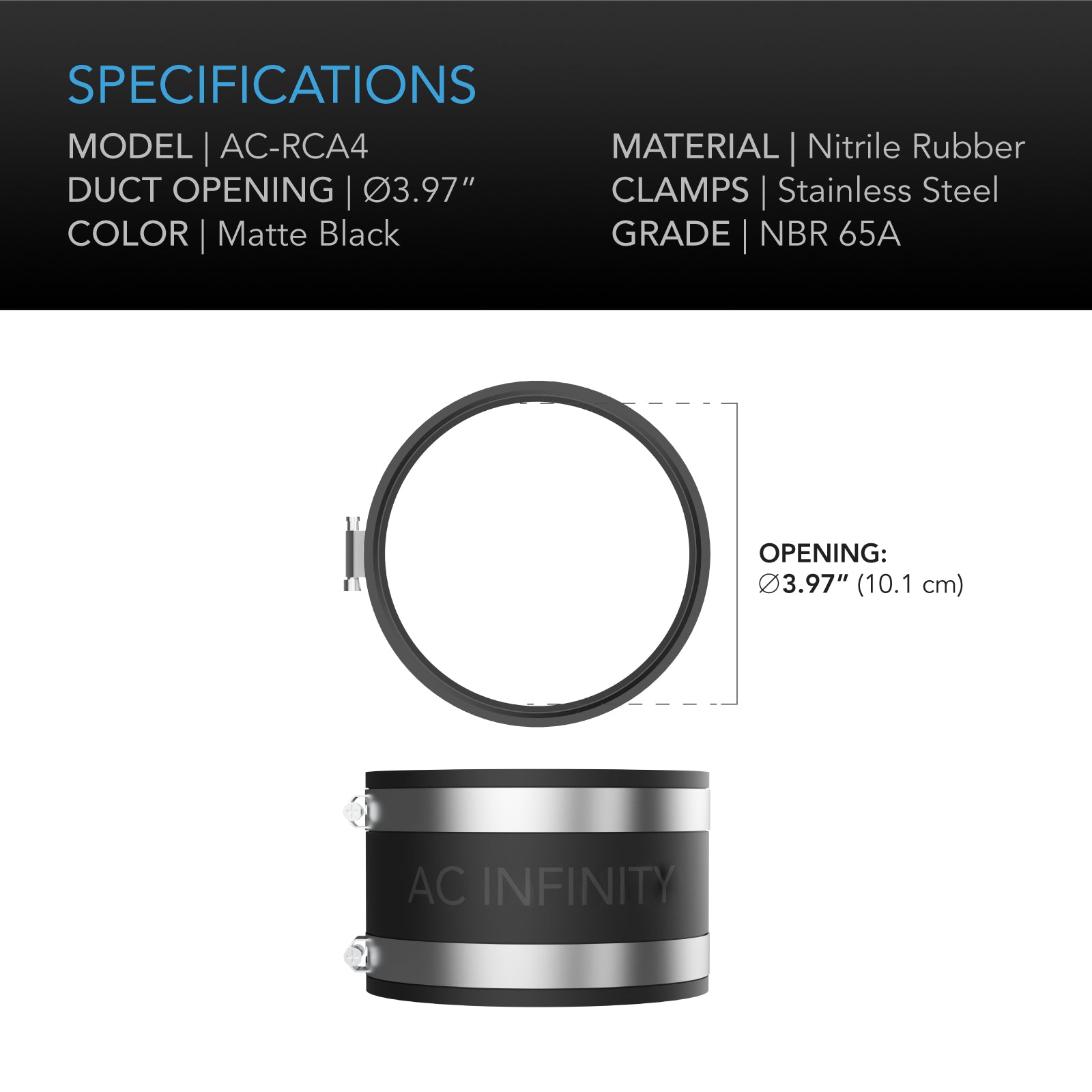 AC Infinity Noise Reduction Clamp |  Duct Coupler with Stainless Steel Clamps |  4-Inch - CannaFull Spectrum Solutions