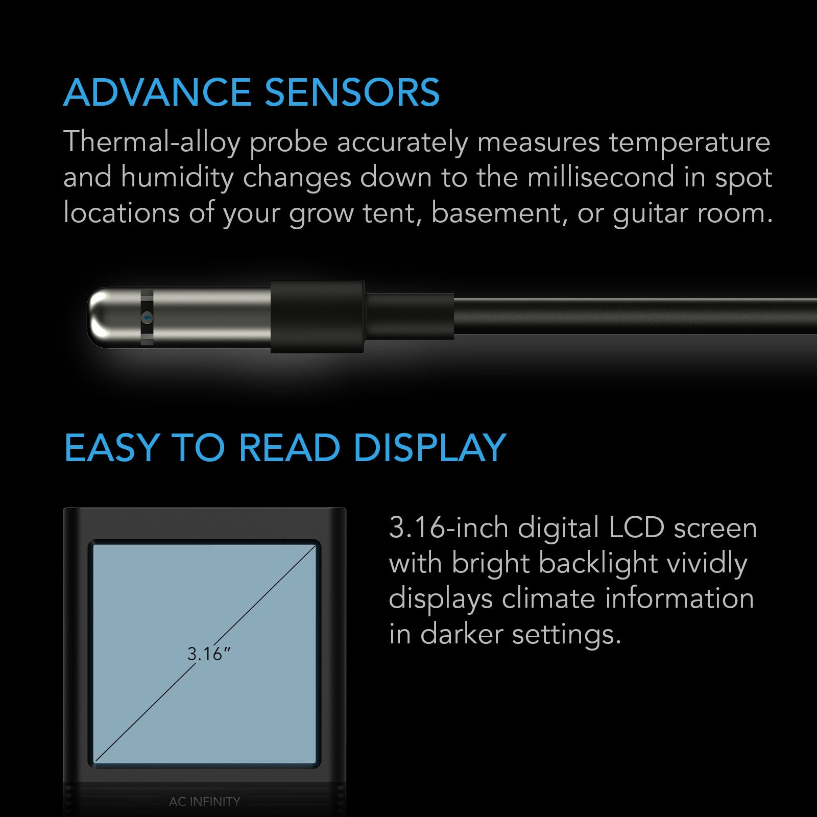AC Infinity CLOUDCOM B1 |  Smart Thermo-Hygrometer with Data App |  12 ft. Sensor Probe - CannaFull Spectrum Solutions