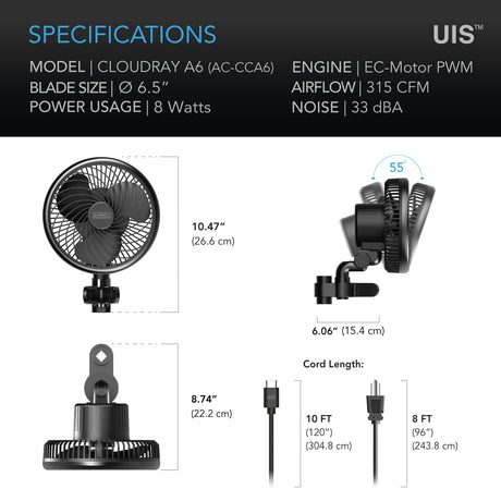 AC Infinity CLOUDRAY A6 |  Grow Tent Clip Fan 6” with 10 Speeds |  EC-Motor |  Manual Swivel - CannaFull Spectrum Solutions