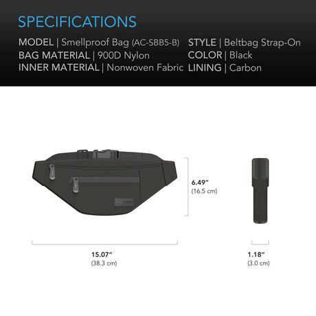 AC Infinity Smell Proof Belt Bag |  Black |  with 900D Nylon Fabric and Carbon Filter Lining - CannaFull Spectrum Solutions
