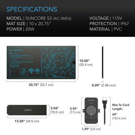 AC Infinity SUNCORE S3 |  Seedling Heat Mat with Heat Controller |  IP-67 Waterproof |  10" x 20.75" - CannaFull Spectrum Solutions