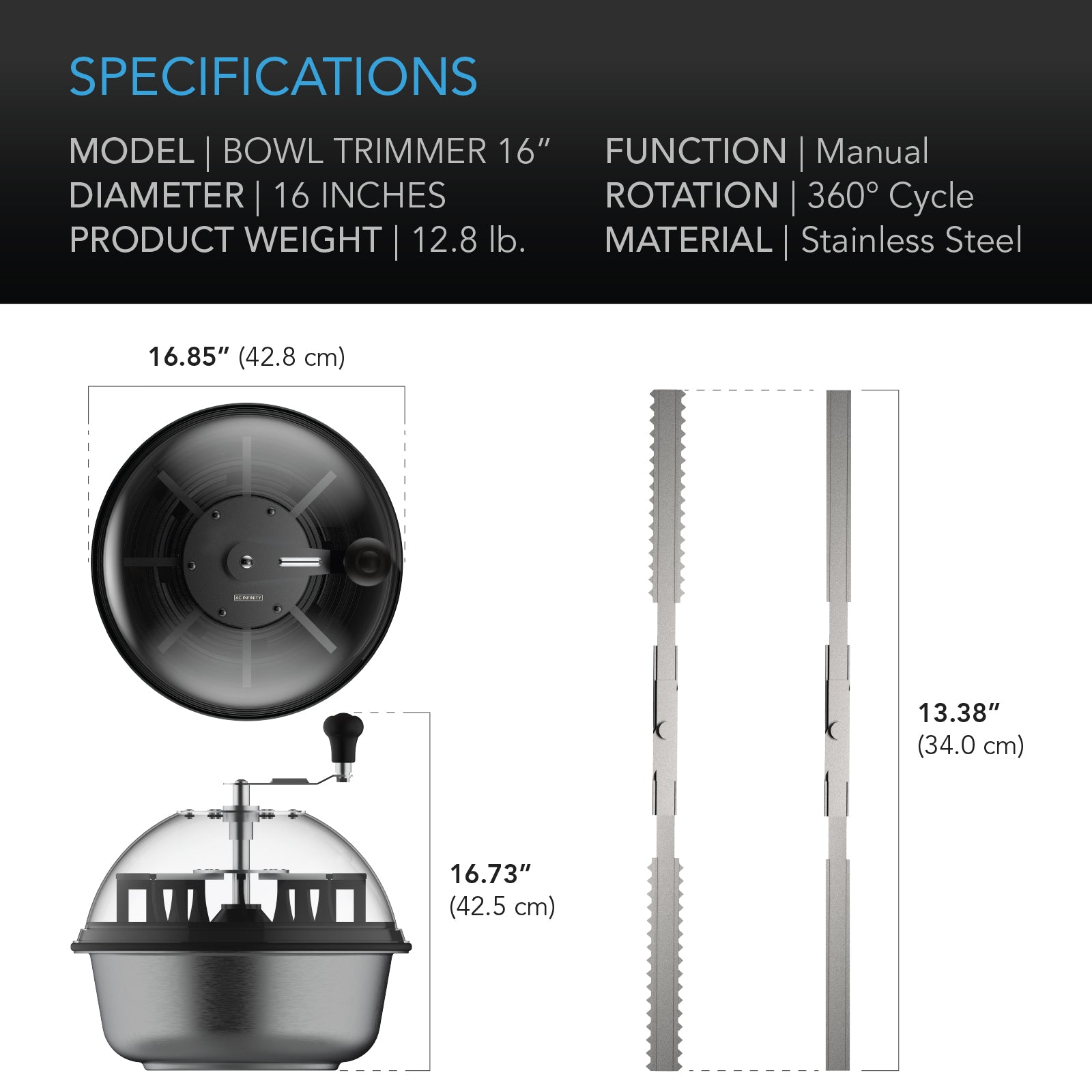 AC Infinity Bud Bowl Trimmer |  Twist Spin Cut with Clear Visibility Dome |  16-Inch - CannaFull Spectrum Solutions