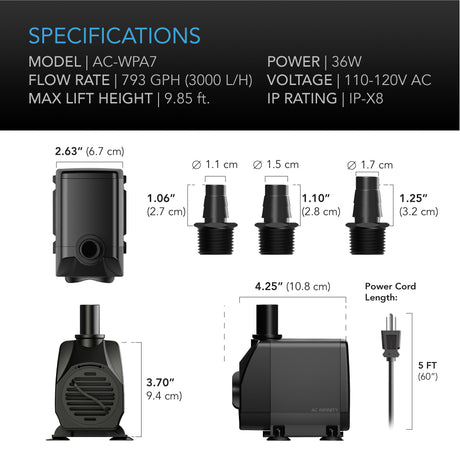AC Infinity Submersible Water Pump |  10-Feet Lift Height |  792 GPH (3000 L/H) - CannaFull Spectrum Solutions
