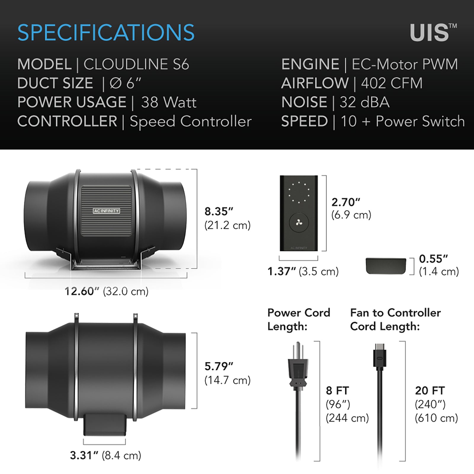 AC Infinity CLOUDLINE PRO S6 |  Quiet Inline Duct Fan System with Speed Controller |  6-Inch - CannaFull Spectrum Solutions