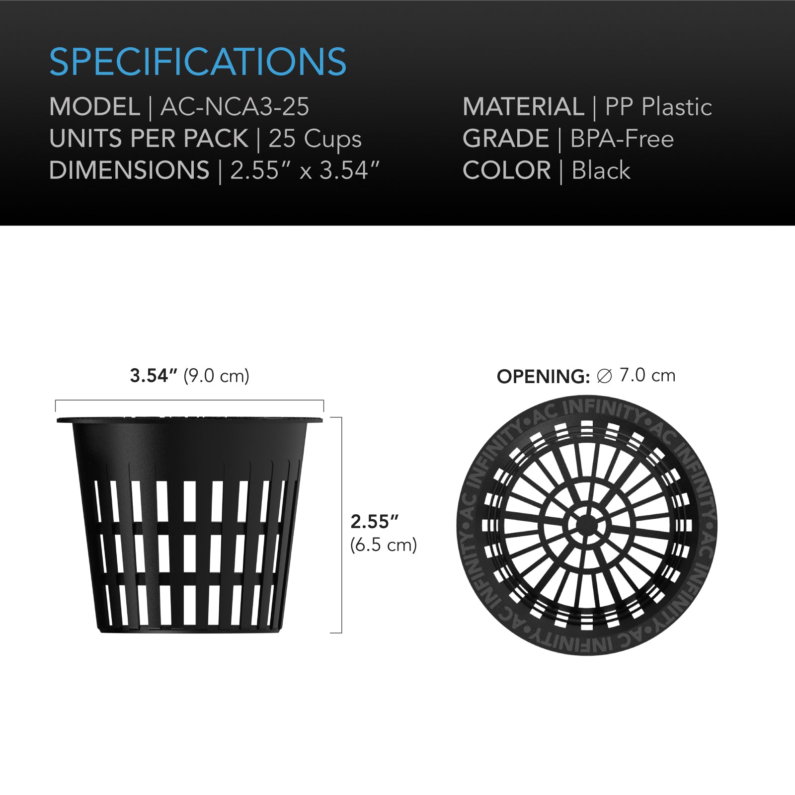 AC Infinity Mesh Net Cups |  Slotted Pots with Wide Lips |  3-Inch |  25-Pack - CannaFull Spectrum Solutions
