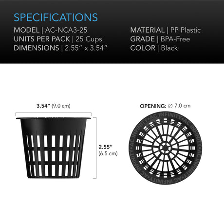AC Infinity Mesh Net Cups |  Slotted Pots with Wide Lips |  3-Inch |  25-Pack - CannaFull Spectrum Solutions