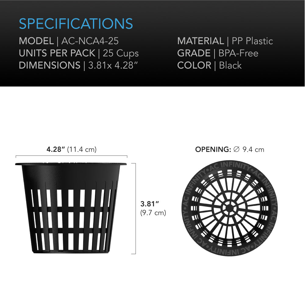 AC Infinity Mesh Net Cups |  Slotted Pots with Wide Lips |  4-Inch |  25-Pack - CannaFull Spectrum Solutions