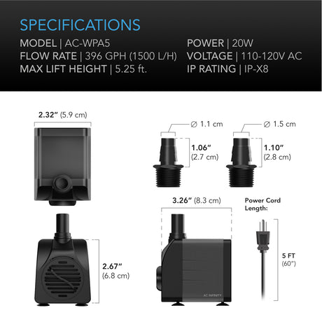 AC Infinity Submersible Water Pump |  5-Feet Lift Height |  396 GPH (1500 L/H) - CannaFull Spectrum Solutions