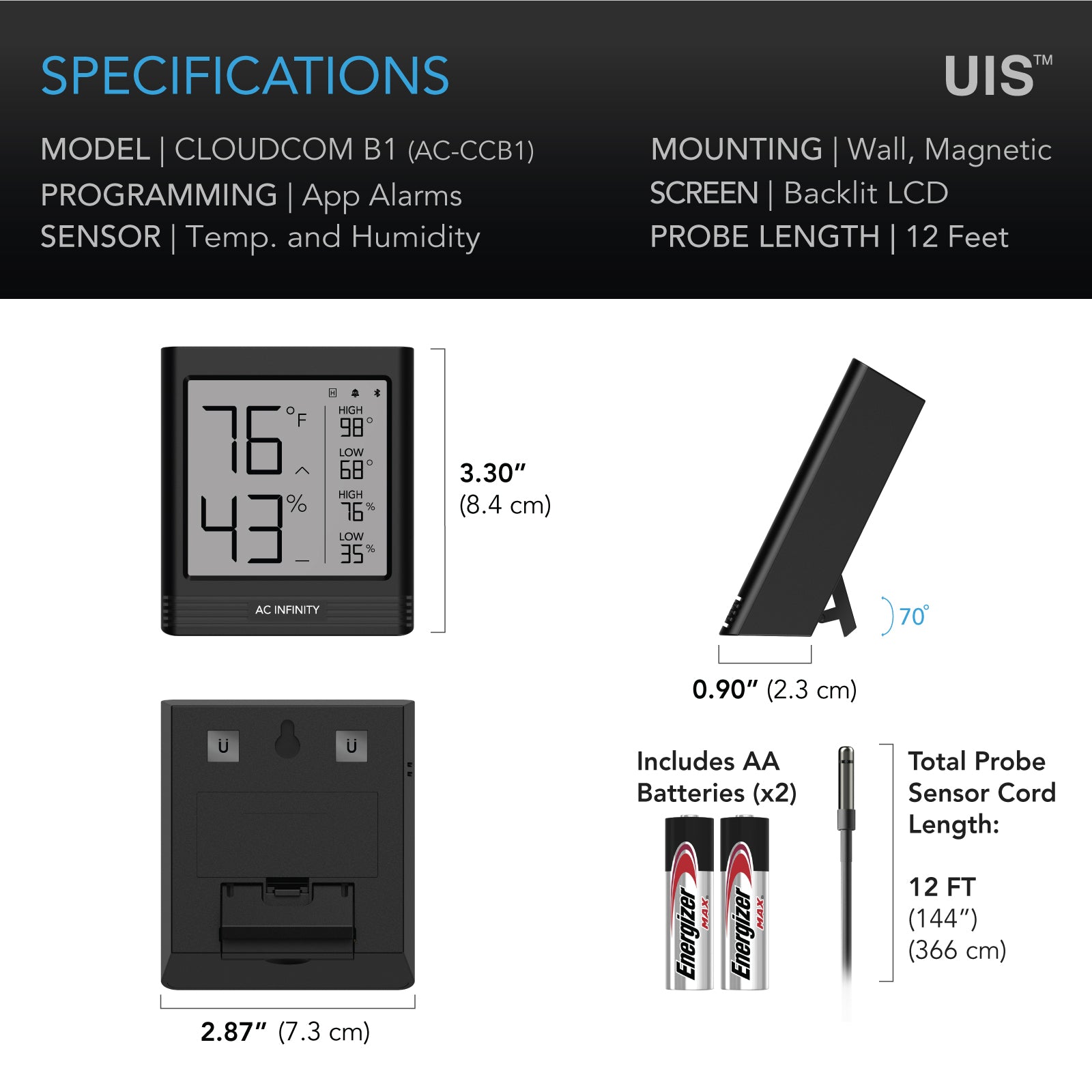 AC Infinity CLOUDCOM B1 |  Smart Thermo-Hygrometer with Data App |  12 ft. Sensor Probe - CannaFull Spectrum Solutions