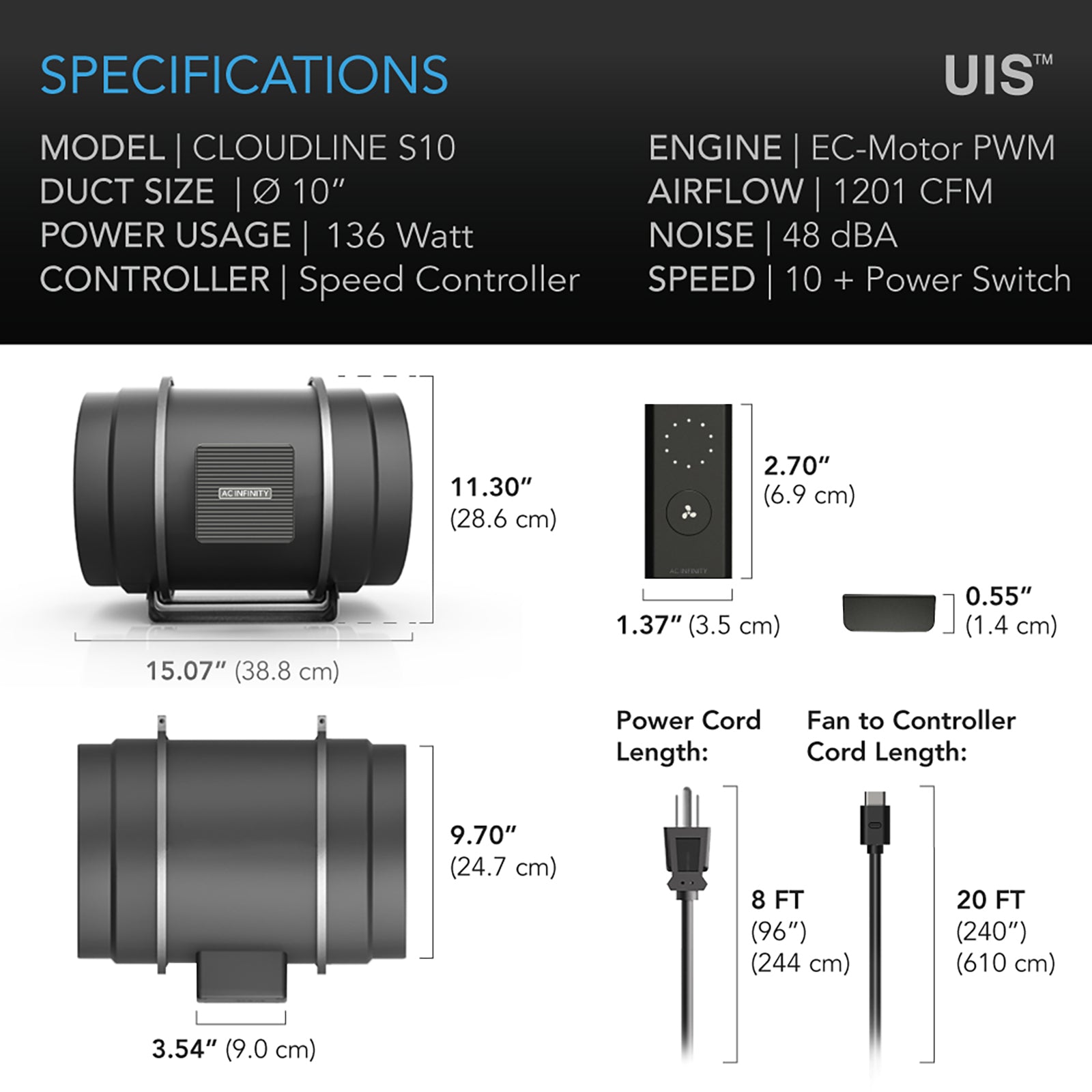 AC Infinity CLOUDLINE PRO S10 |  Quiet Inline Duct Fan System with Speed Controller |  10-Inch - CannaFull Spectrum Solutions
