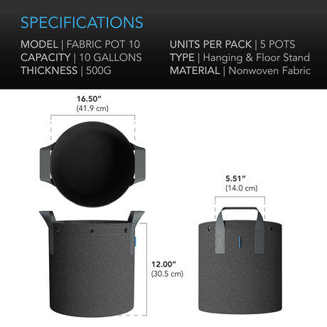 AC Infinity Heavy Duty Reusable Fabric Pots |   10 Gallon |  5-Pack - CannaFull Spectrum Solutions