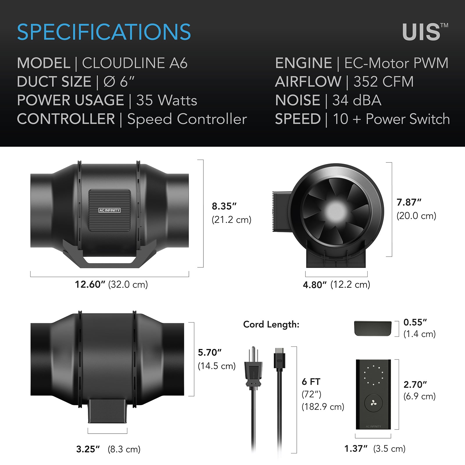 AC Infinity CLOUDLINE A6 |  Quiet Inline Fan with Speed Controller |  6-Inch - CannaFull Spectrum Solutions
