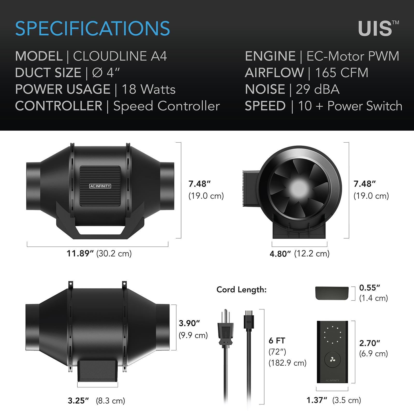 AC Infinity CLOUDLINE A4 |  Quiet Inline Fan with Speed Controller |  4-Inch - CannaFull Spectrum Solutions