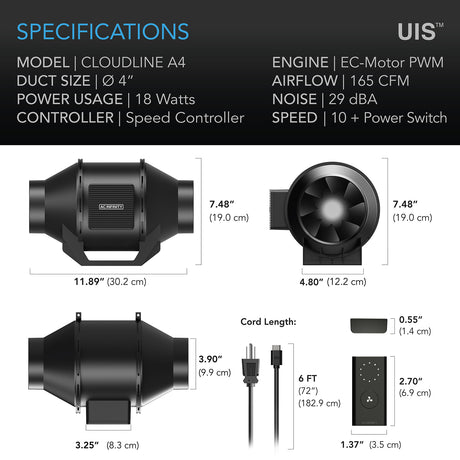AC Infinity CLOUDLINE A4 |  Quiet Inline Fan with Speed Controller |  4-Inch - CannaFull Spectrum Solutions